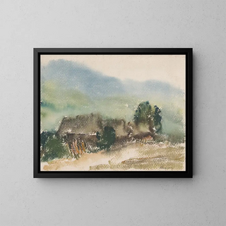 motif with village cottages - Zolo Palugyay — framed artwork on a wall