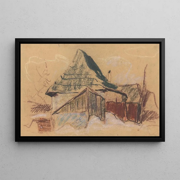 Mountain Cabin Painting - Zolo Palugyay — framed artwork on a wall
