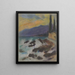 Seaside rocky coast painting with cypress - Zolo Palugyay — framed artwork on a wall