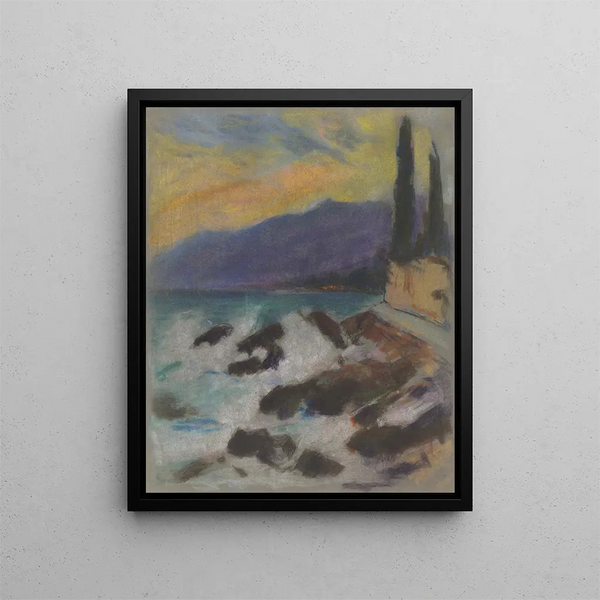 Seaside rocky coast painting with cypress - Zolo Palugyay — framed artwork on a wall