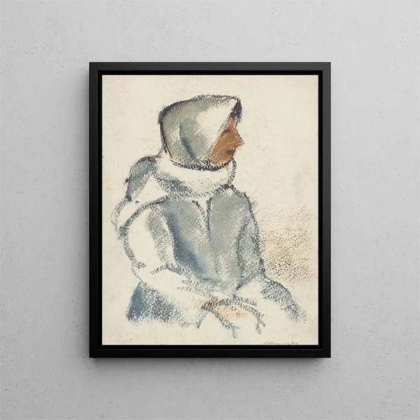 a girl sitting in a white scarf from the side - Zolo Palugyay — framed artwork on a wall
