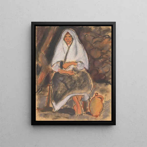 a seated girl with a jug - Zolo Palugyay — framed artwork on a wall