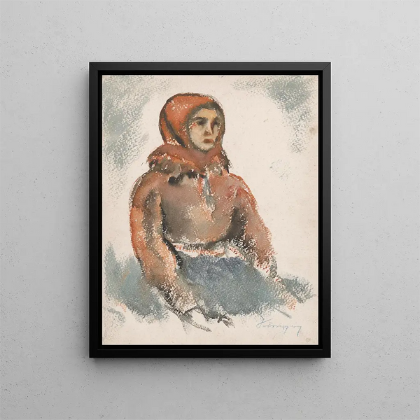 a girl sitting with a red wool scarf - Zolo Palugyay — framed artwork on a wall
