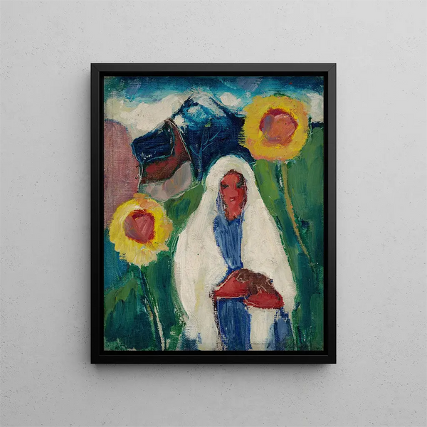 Sketch of a woman among sunflowers - Zolo Palugyay — framed artwork on a wall