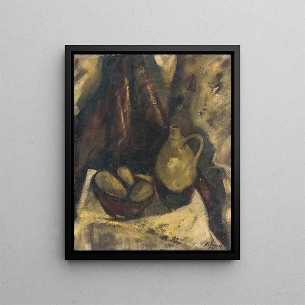 Still life with potatoes and a jug - Zolo Palugyay — framed artwork on a wall