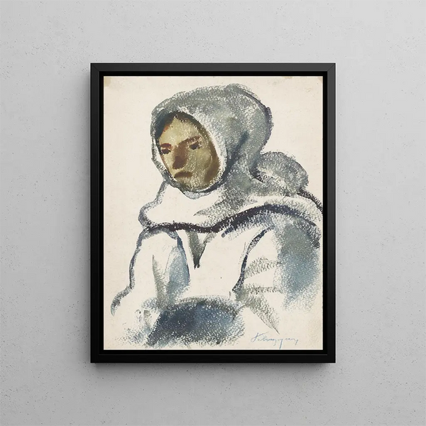 Study of a girl wearing a large winter scarf - Zolo Palugyay — framed artwork on a wall