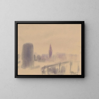 City in the fog - Zolo Palugyay — framed artwork on a wall