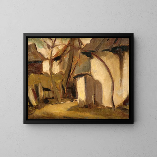 Village courtyard painting - Zolo Palugyay — framed artwork on a wall