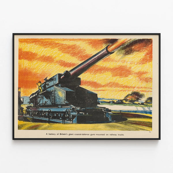 Art Deco Poster of the British Coastal Defense Cannon on Railway Track — framed artwork on a wall