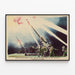 Decorative poster of a British anti-aircraft battery in action — framed artwork on a wall