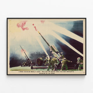 Decorative poster of a British anti-aircraft battery in action — framed artwork on a wall
