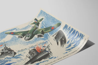 Decorative aviation and naval poster: Blenheim bomber and British cruiser against German submarine — artwork view
