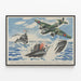 Decorative aviation and naval poster: Blenheim bomber and British cruiser against German submarine — framed artwork on a wall