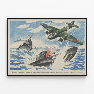 Decorative aviation and naval poster: Blenheim bomber and British cruiser against German submarine — framed artwork on a wall