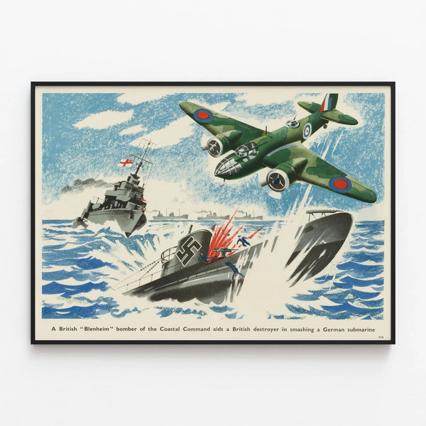 Blenheim airplane poster and British destroyer against German submarine — framed artwork on a wall