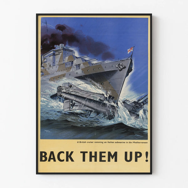 British maritime decorative poster: Cruiser confronting an Italian submarine in the Mediterranean