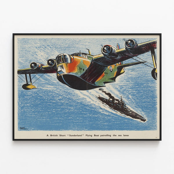 Vintage Sunderland airplane poster patrolling above the sea — framed artwork on a wall