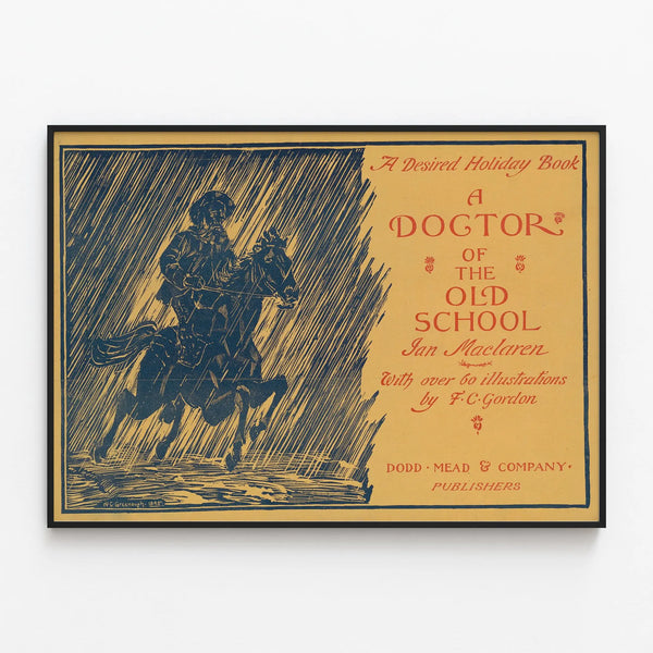 Vintage Poster of a Horseback Doctor in the Rain - Retro Wall Decoration — framed artwork on a wall