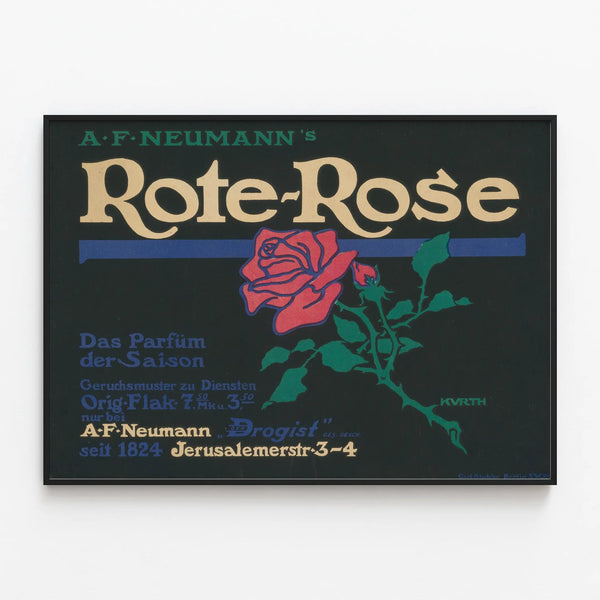 Vintage Poster Rote Rose Seasonal Fragrance — framed artwork on a wall