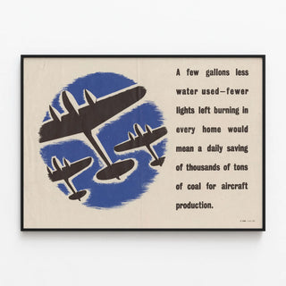 Vintage poster promoting water and energy conservation for aerospace manufacturing — framed artwork on a wall