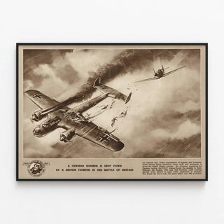 Historical Poster of the Battle of Britain - German aircraft shot down by British fighter — framed artwork on a wall