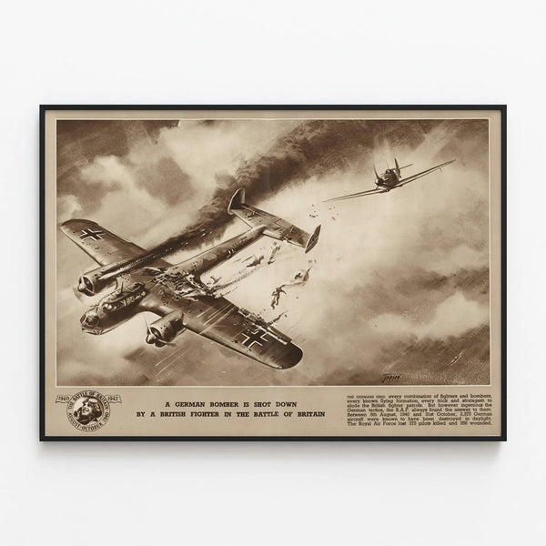 Historical Poster of the Battle of Britain - German aircraft shot down by British fighter — framed artwork on a wall