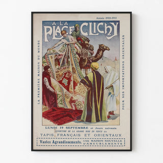 Vintage antique poster of Place Clichy with French and Oriental rugs