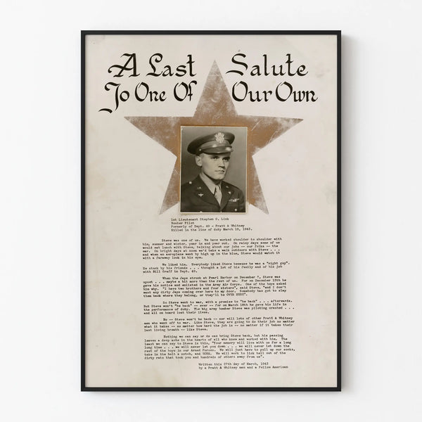 Vintage military commemorative poster « A Last Salute To One Of Our Own »