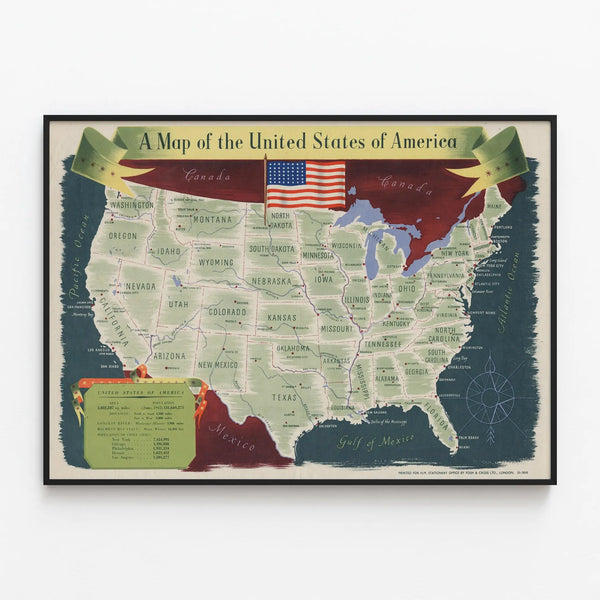 Vintage Map Poster of the United States of America — framed artwork on a wall