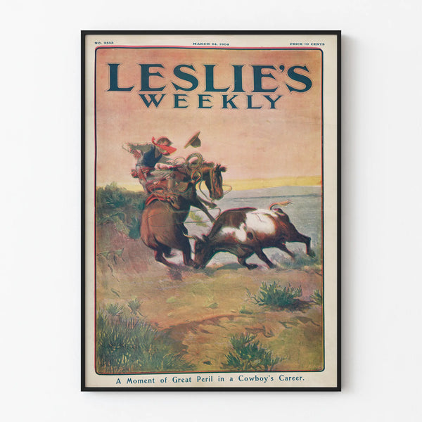 Vintage Cowboy Poster in Peril on Horse and Bull