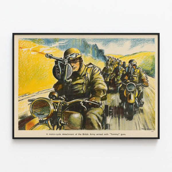 Vintage Poster of the British Army Motorcycle Detachment Armed with Tommy Submachine Guns — framed artwork on a wall