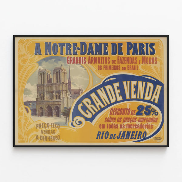 Vintage Poster of Notre-Dame de Paris - Department Store Sale in Rio de Janeiro — framed artwork on a wall
