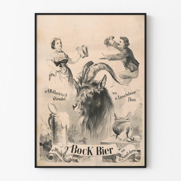 Vintage poster of Bock Beer with goat and Bavarian characters