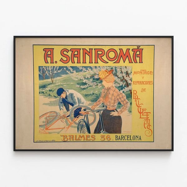 Vintage poster A. Sanromá Bicycle Repair and Assembly — framed artwork on a wall