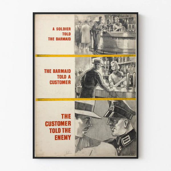 Vintage military communication poster featuring a barmaid and soldier