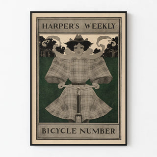 Vintage Harper's Weekly poster of a woman riding a bicycle