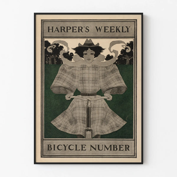 Vintage Harper's Weekly poster of a woman riding a bicycle
