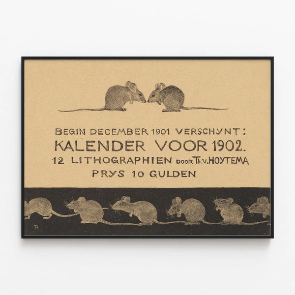 Vintage calendar poster 1902 with mouse motifs — framed artwork on a wall