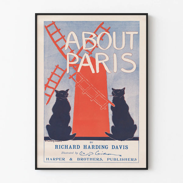 Vintage Poster About Paris with Windmill and Cats