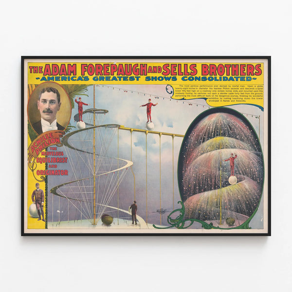 Vintage poster of Achille Philion, the prodigious tightrope walker — framed artwork on a wall