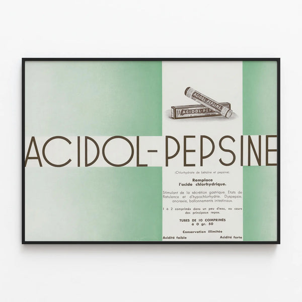 Vintage poster Acidol-Pepsine retro wall decoration — framed artwork on a wall