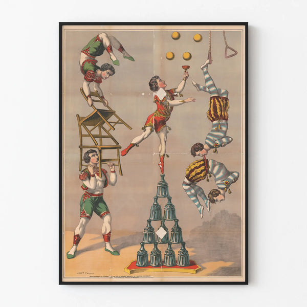 Vintage poster of acrobatics and juggling with tightrope walkers and trapeze artists