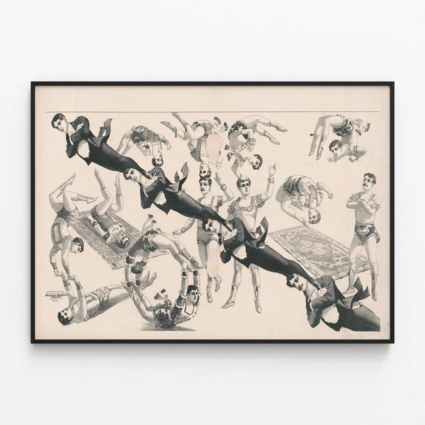 Vintage poster of moving acrobats — framed artwork on a wall