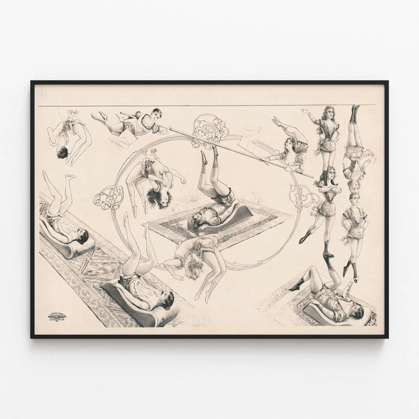 Vintage poster of balancing acrobats — framed artwork on a wall
