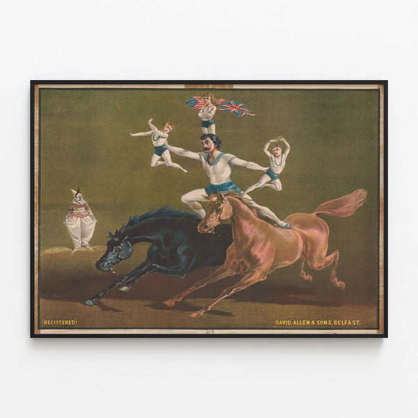 Vintage Poster of Horseback Acrobats - Antique Circus Wall Decoration — framed artwork on a wall