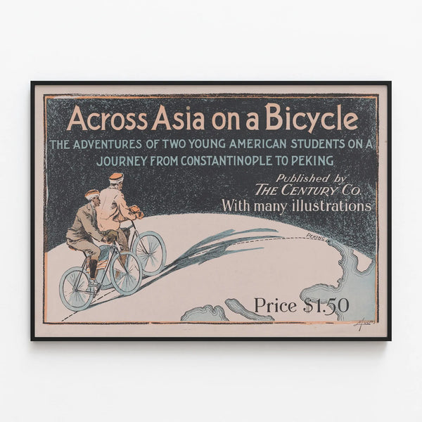 Vintage poster of a bicycle journey across Asia — framed artwork on a wall