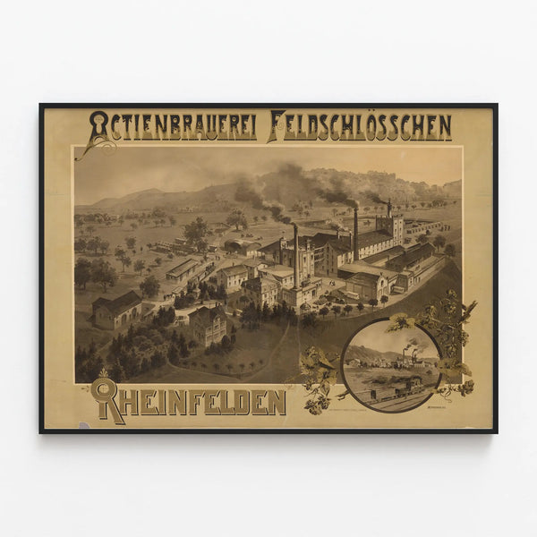 Vintage poster of the Actienbrauerei Rheinfelden brewery at Feldschlösschen — framed artwork on a wall