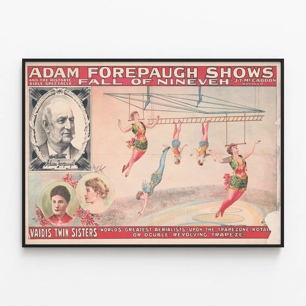 Vintage Poster of Adam Forepaugh Shows and Vaidis Twin Sisters — framed artwork on a wall