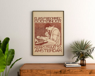 Art Nouveau – Elias van Bommel – Theo Molkenboer poster, framed above a wooden sideboard between plants.