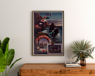 Vintage Brittany poster – Belle-Île-en-Mer, Brittany, framed above a wooden dresser, between plants.